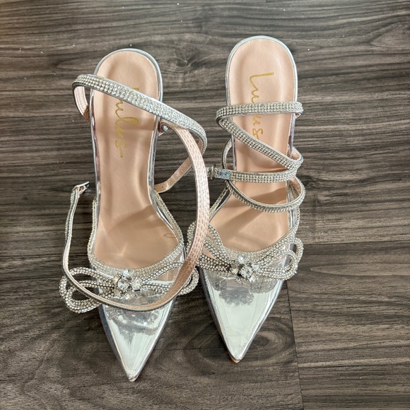 Lulu's Lullie Silver Vinyl Rhinestone Ankle Strap Pointed-Toe Pumps Heels - Picture 6 of 10